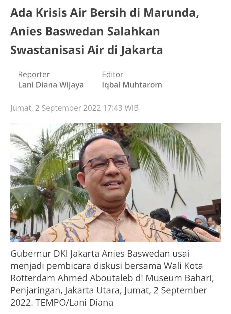 BW Puji Misi Kedaulatan Air Anies: Sangat Mendasar dari Sekadar Dana Abadi