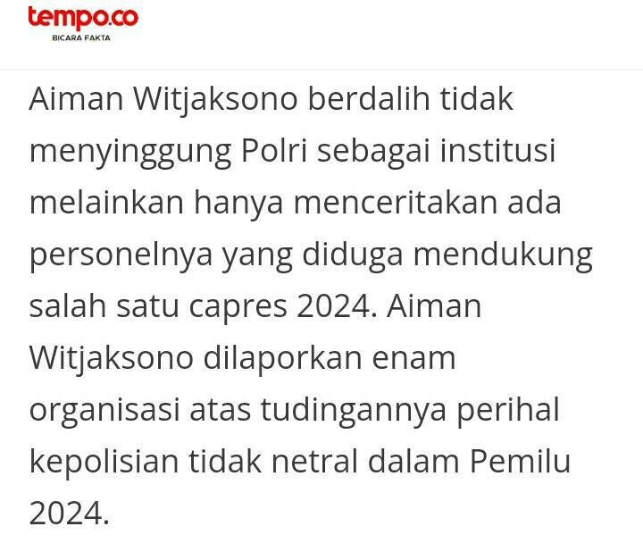 Aiman Ungkap OknumPolisiTak Netral, Kabaharkam Polri: Siapa Orangnya? Buka