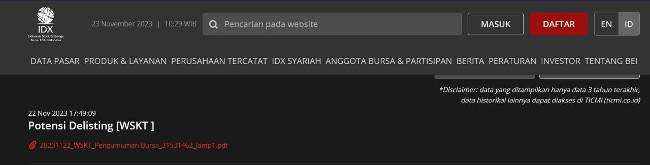 BEI Ingatkan Waskita Soal Potensi Delisting