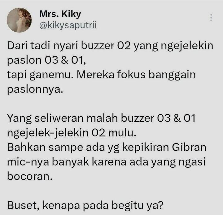 Kiky Saputri: Nyari Buzzer 02 yang Jelekin Paslon 03 &amp; 01 Tapi Gak Nemu