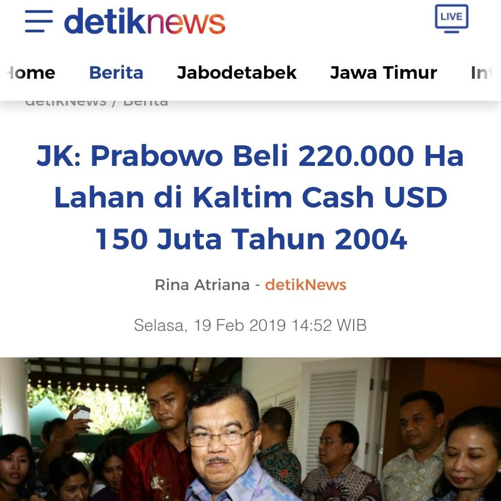 Anies Tuding Tanah Prabowo 340 Ribu Hektare, JK Pernah Mengaku Begini