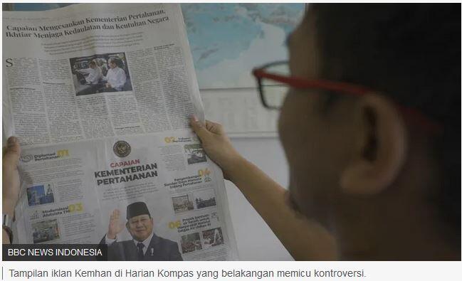 Iklan Kemhan yang menampilkan Prabowo di Harian Kompas memicu kontroversi, 