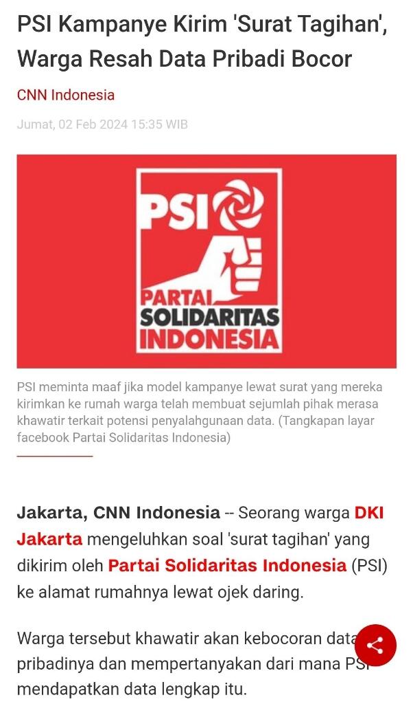 PSI Kampanye Kirim 'Surat Tagihan', Warga Resah Data Pribadi Bocor