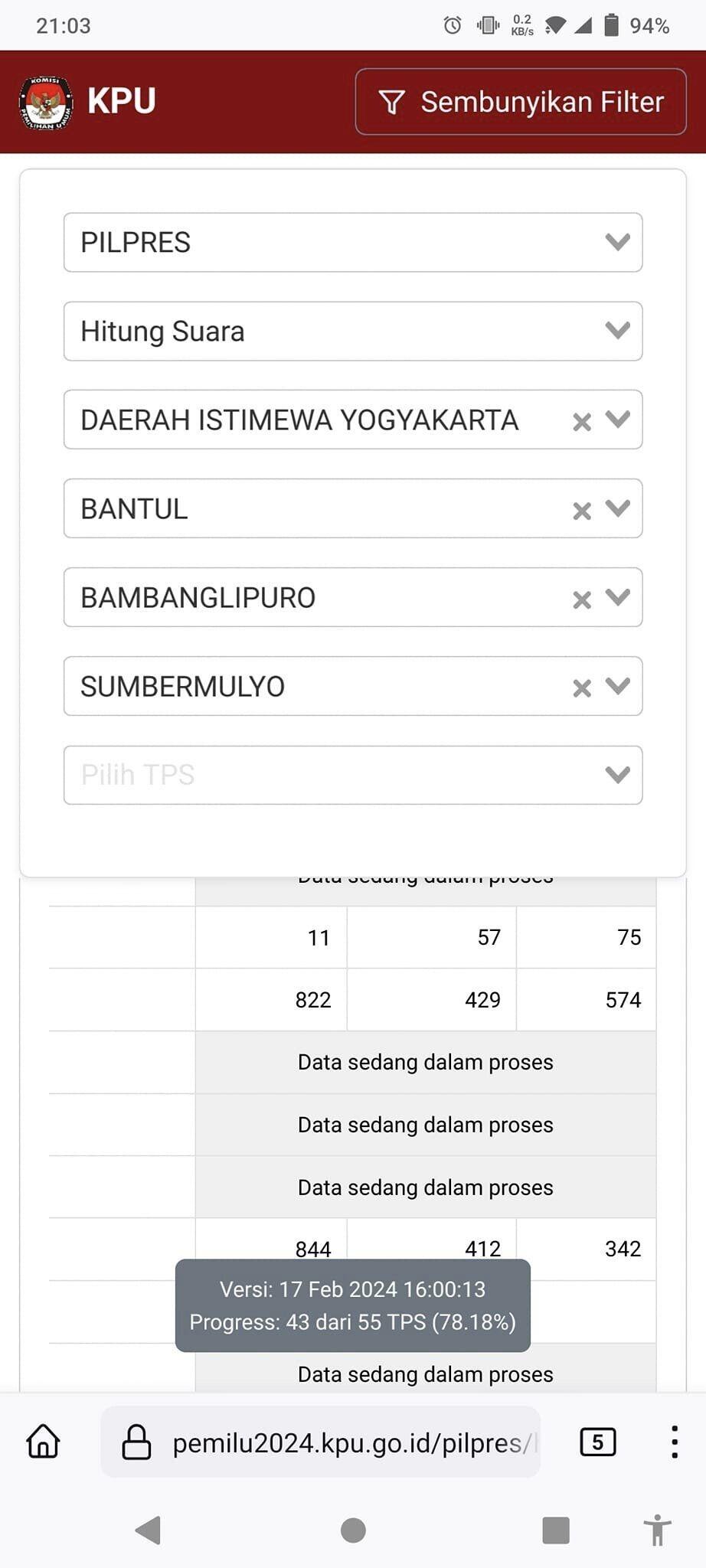 SALAH INPUT DI WEBSITE KPU PER 18 FEBRUARI 2024