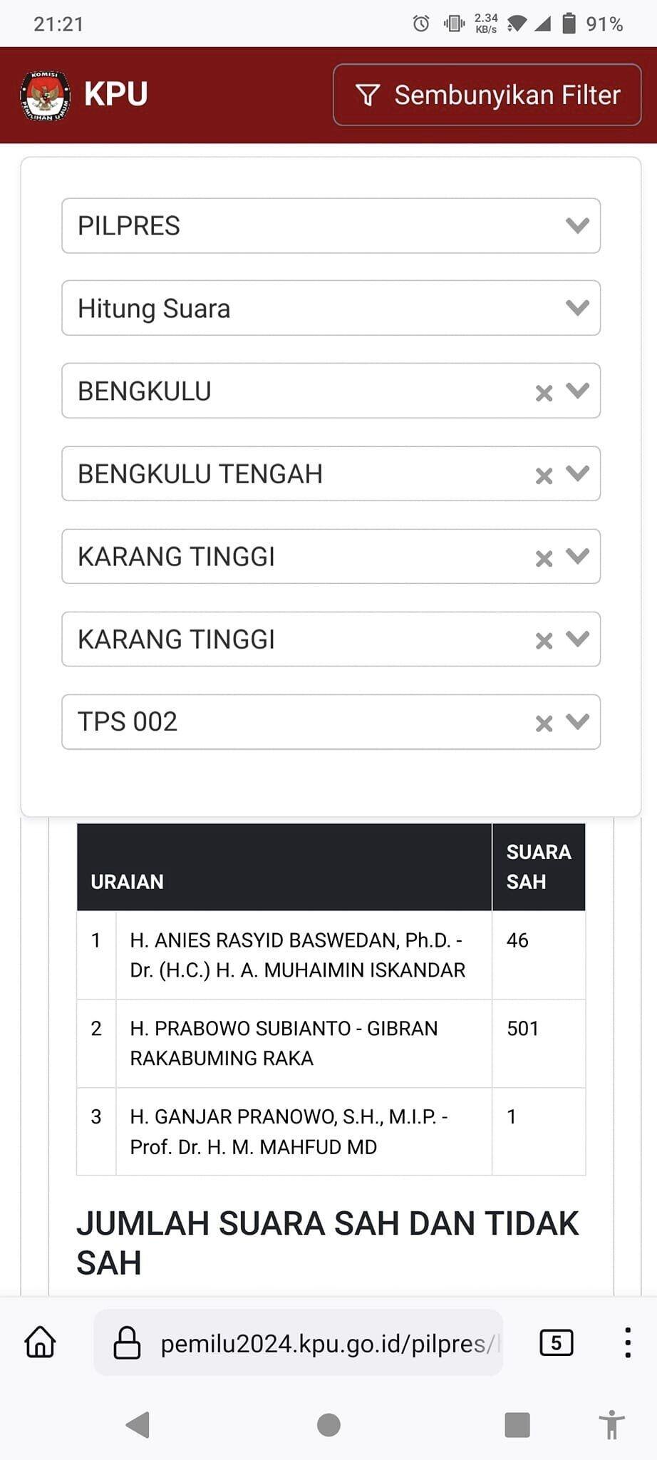 SALAH INPUT DI WEBSITE KPU PER 18 FEBRUARI 2024