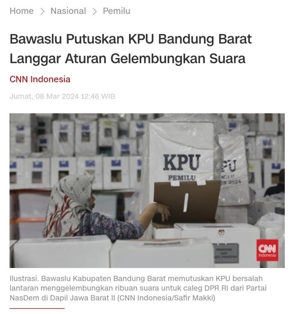 Bawaslu Putuskan KPU Bandung Barat Langgar Aturan Gelembungkan Suara