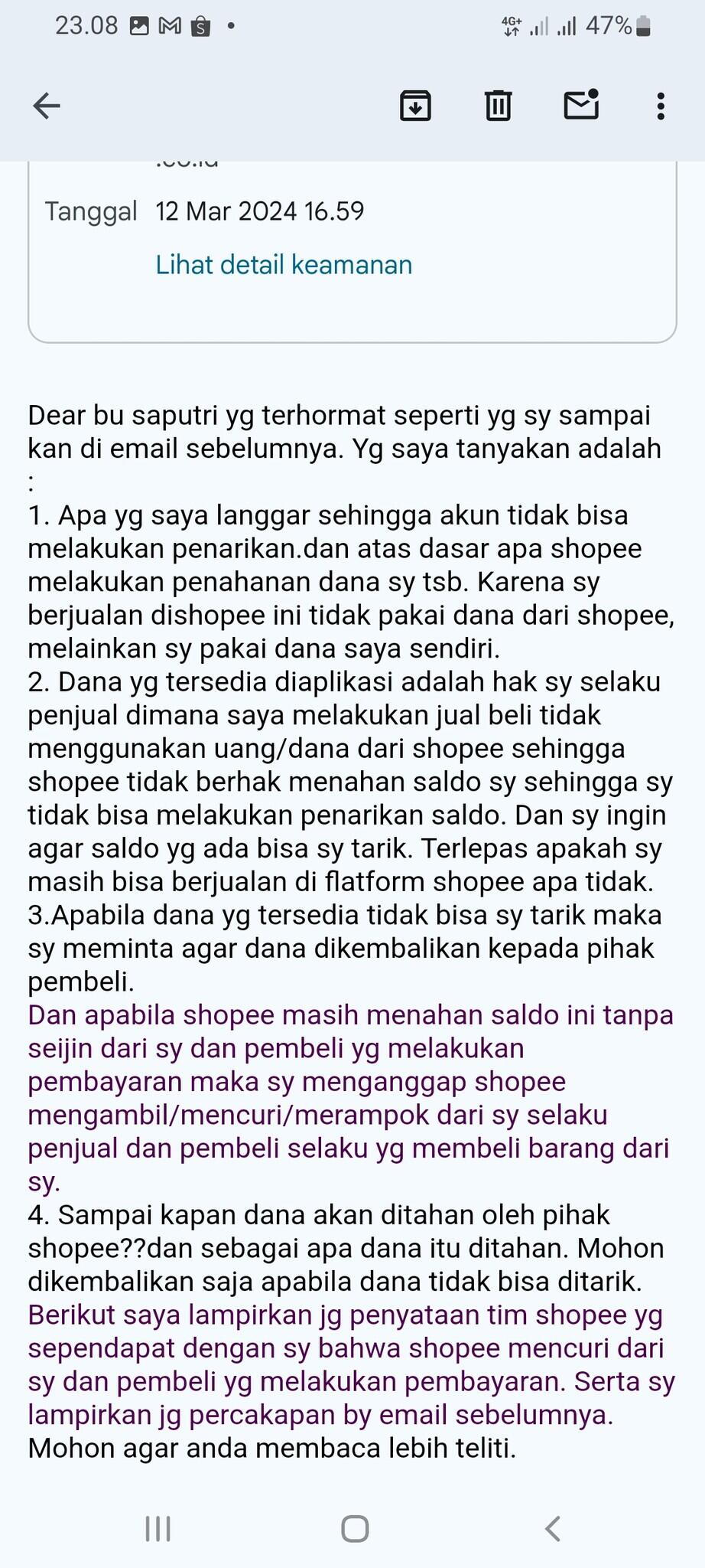Akun shopee dibatasi dan saldo penjual tidak mau dibayarka oleh pihak shope