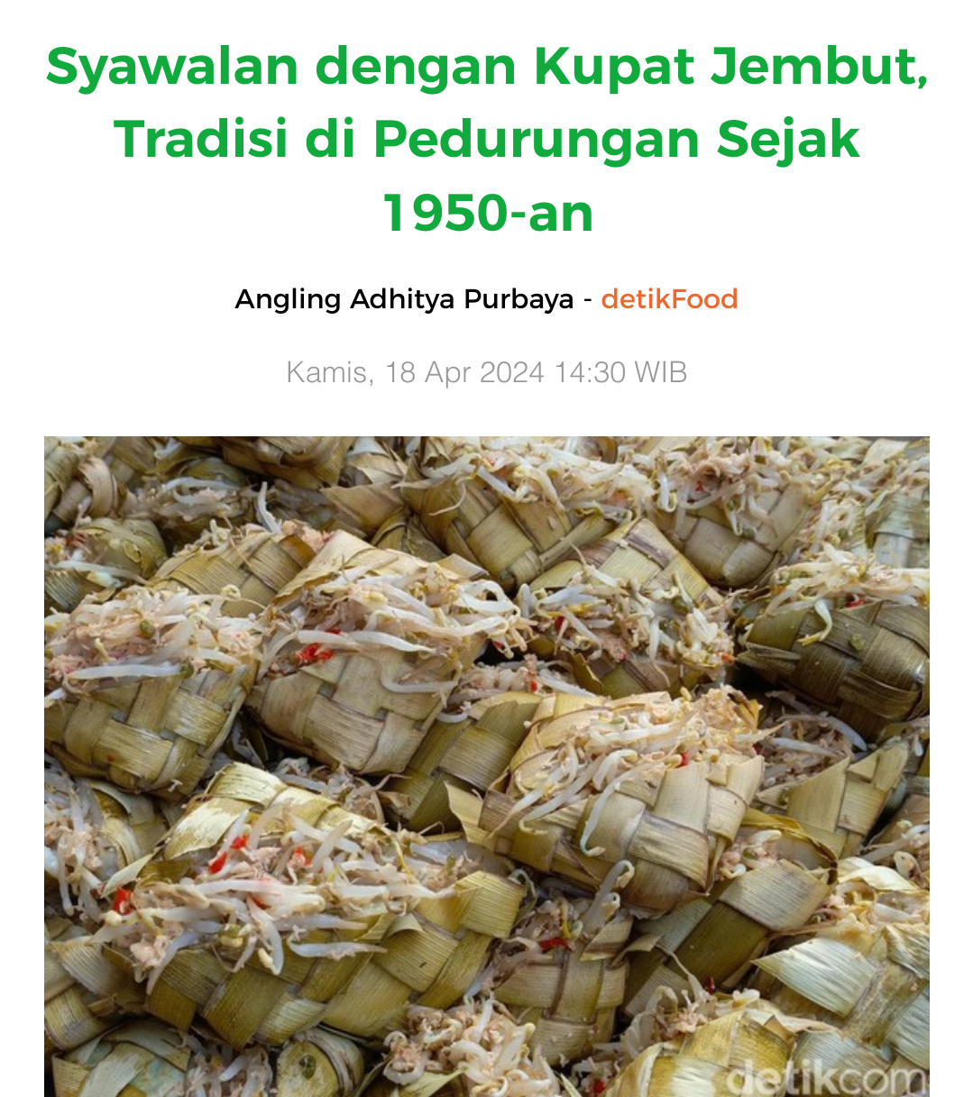 Syawalan dengan Kupat Jembut, Tradisi di Pedurungan Sejak 1950-an