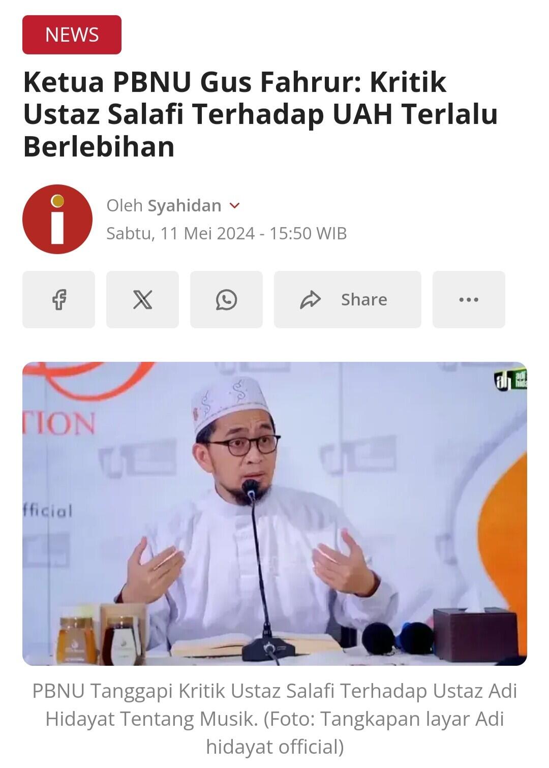 Ustaz Adi Hidayat Dinilai Kafir Gegara Fatwakan Hukum Musik: 'Halal Darah nya'