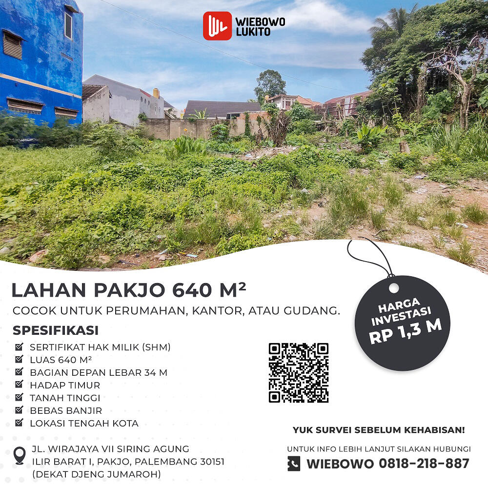 Jual Tanah 640 m2 di Pakjo Kota Palembang Dekat RS Bhayangkara Moh. Hasan
