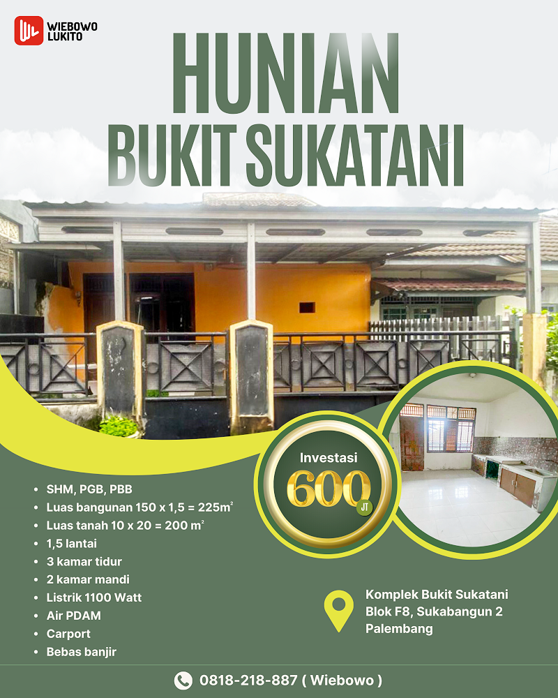 Rumah Dijual di Komplek Bukit Sukatani Palembang Dekat Indogrosir Palembang