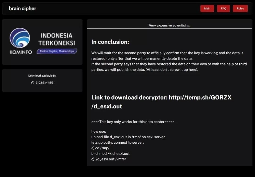 Hacker Brain Cipher Tepati Janji, Berikan Kunci Enkripsi Ransomware PDN