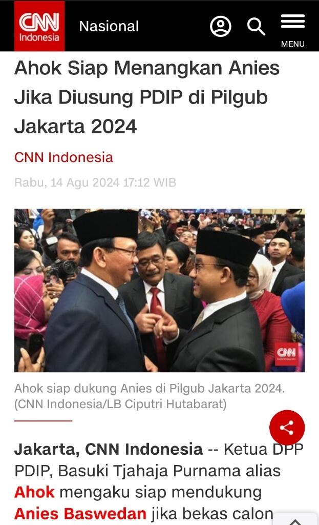 Ahok Siap Menangkan Anies Jika Diusung PDIP di Pilgub Jakarta 2024