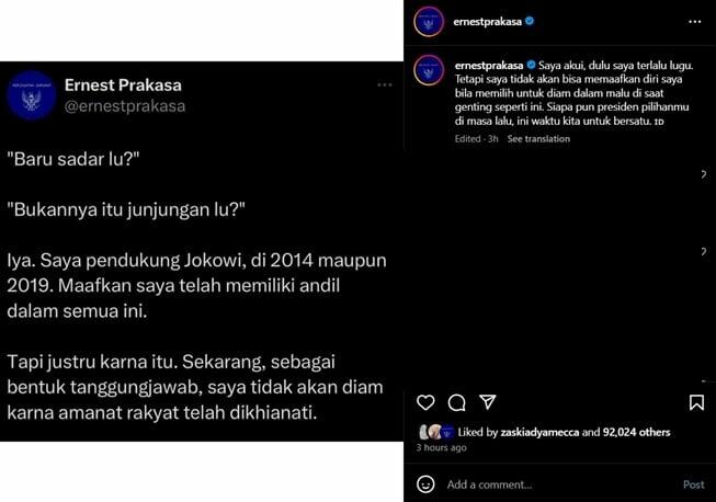 Bayar Kesalahanmu dengan Berderma! Ernest Prakasa Ngaku Bersalah Pilih Jokowi 2 Kali