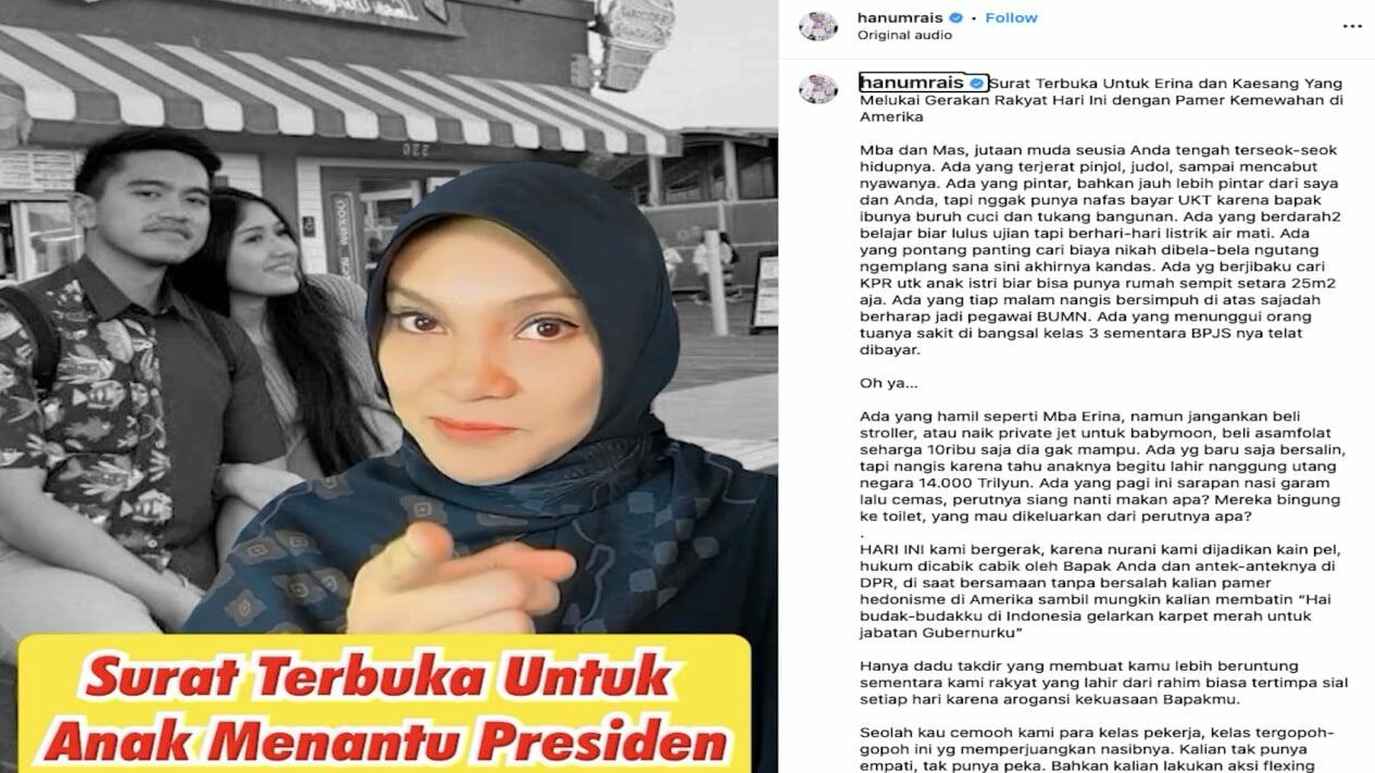 Hanum Rais buat Surat Terbuka ke Kaesang dan Erina yang Pamer Kemewahan, Setuju Gan?