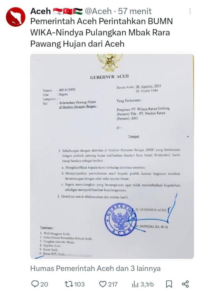 Niat Terang Hujan di Gelaran PON, Mbak Rara Diusir dari Tanah Rencong Aceh?