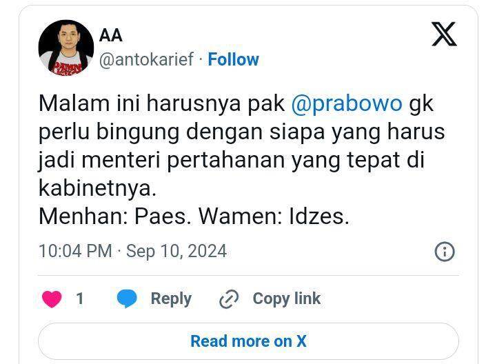 Netizen Pilih Pengganti Prabowo, Menteri Pertahanan RI Maarten Paes