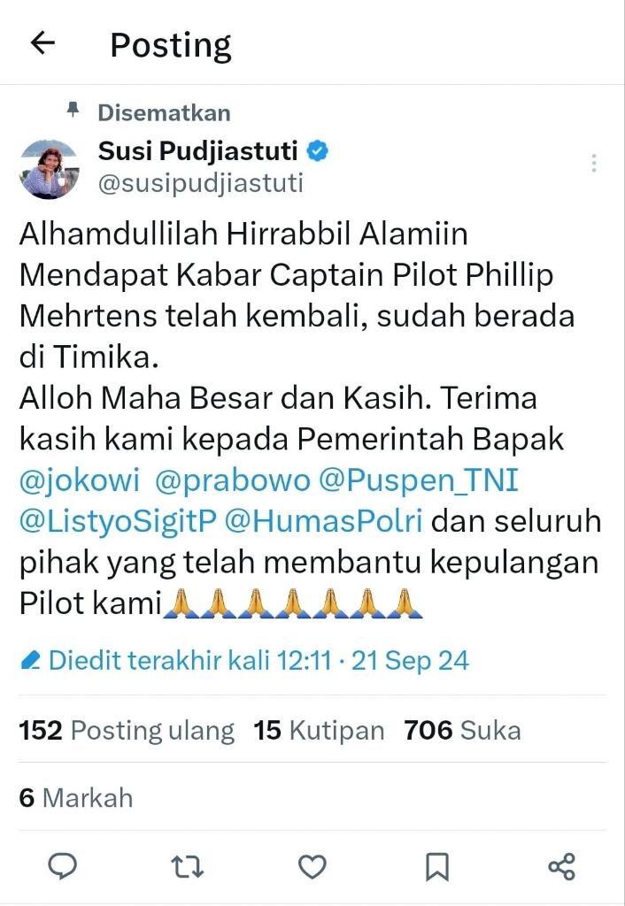 Breaking News: Pilot Susi Air Philip Mark Mehrtens Akhirnya Berhasil Dibebaskan