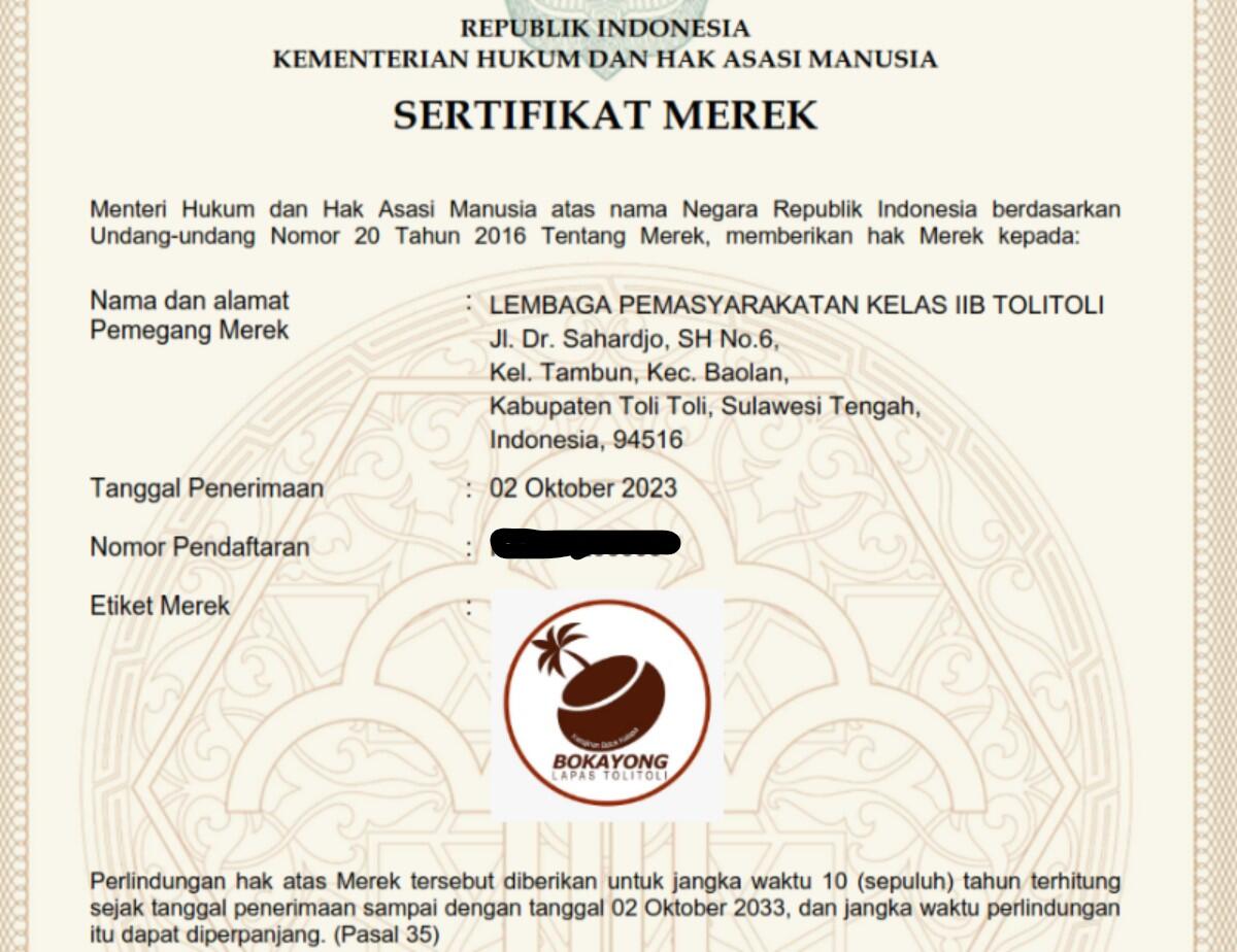 Lapas Tolitoli Kantongi Sertifikat Merk Dagang Kerajinan Narapidana Bokayong