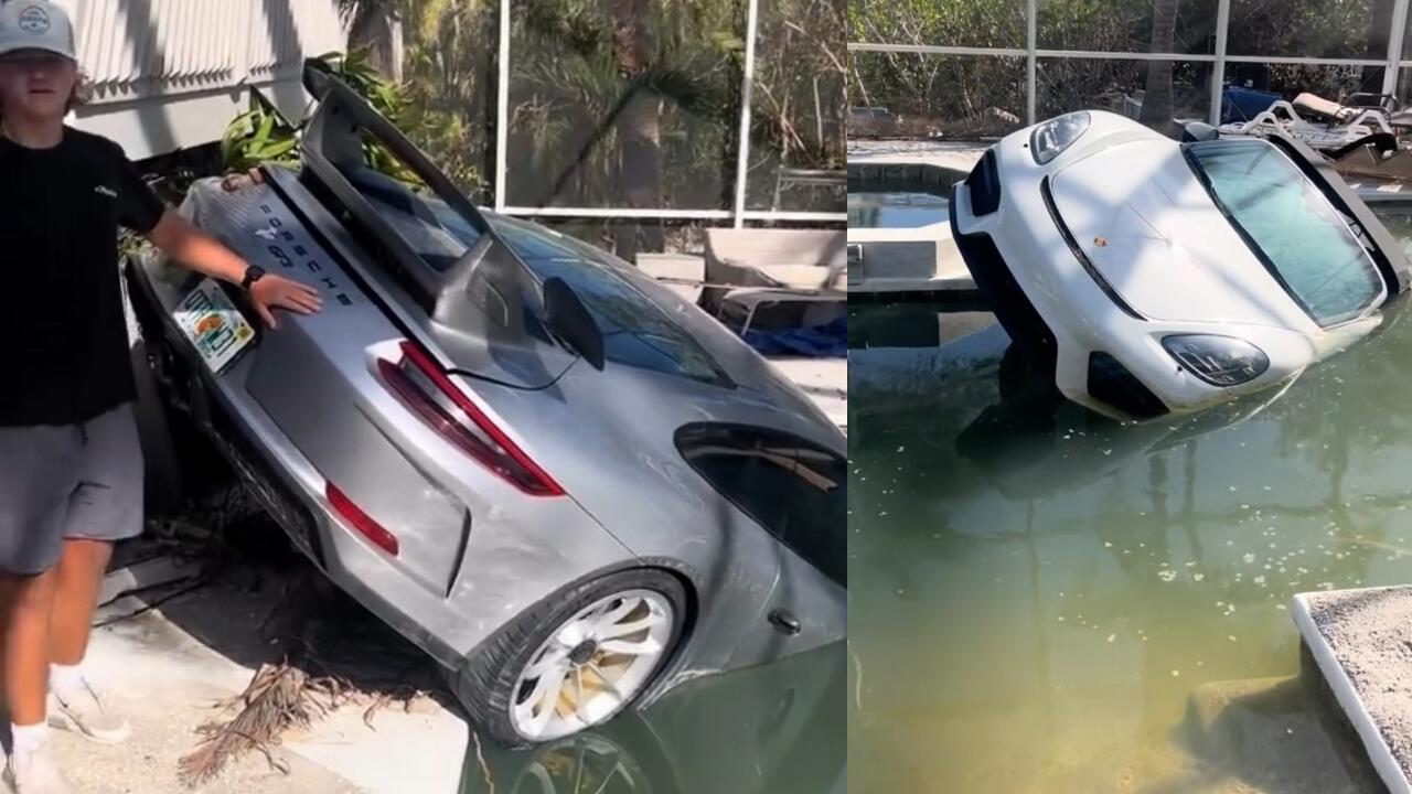 Tersapu Badai Milton, Dua Porsche Nyemplung ke Kolam Renang Warga Florida