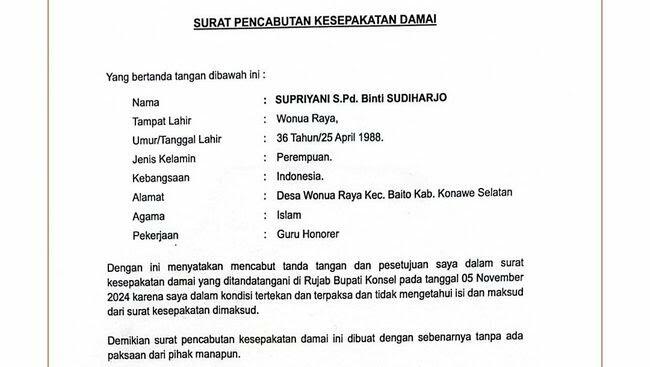 Supriyani Cabut Kesepakatan Damai yang Dimediasi Bupati Konsel, Kini malah Disomasi!