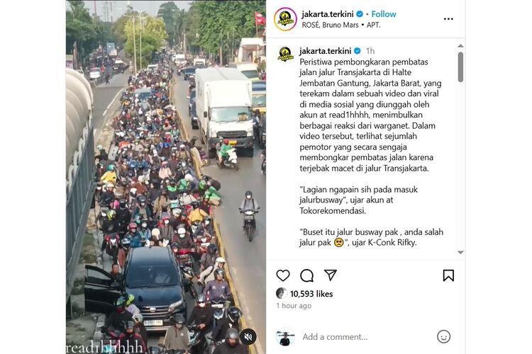 Viral Puluhan Pemotor Terjebak di Jalur Busway Jakbar, Ramai-ramai Bongkar Separator