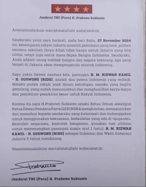 Beredar Surat Prabowo Ajak Warga Jakarta Pilih Ridwan Kamil-Suswono