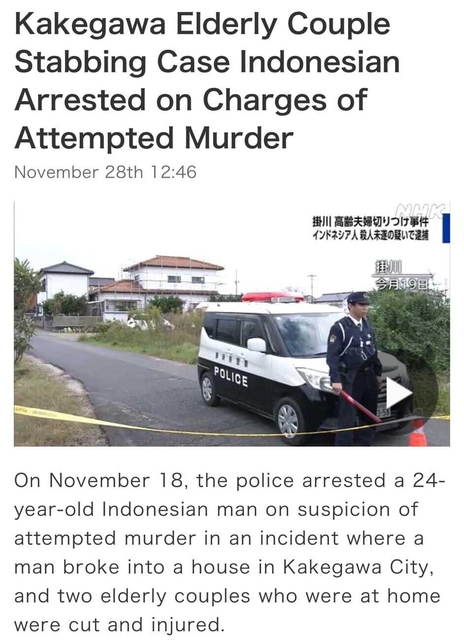 Polisi Jepang Tangkap WNI yang Tusuk Lansia di Kota Kakegawa