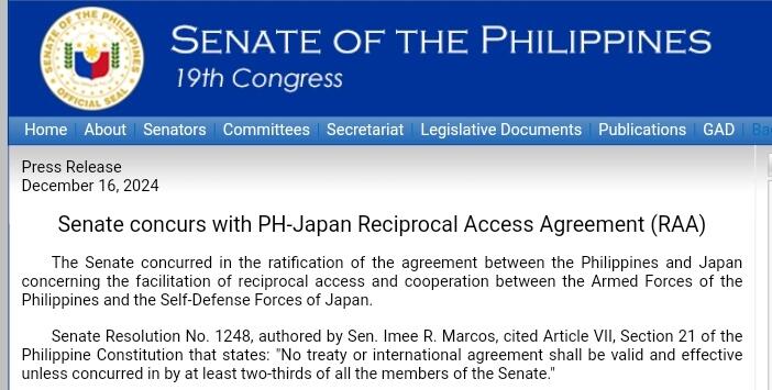 Senat Filipina Meratifikasi perjanjian akses militer dengan Jepang