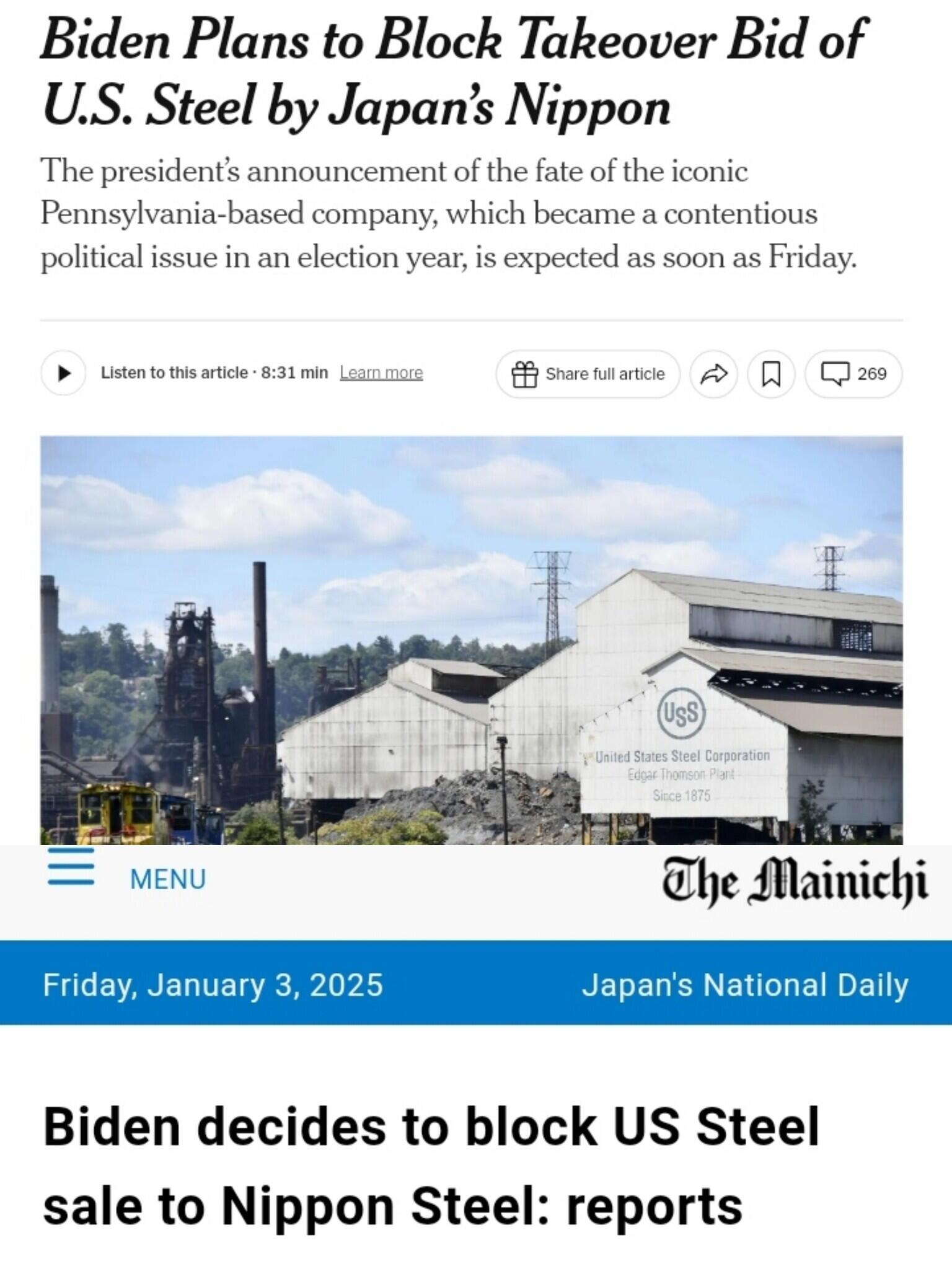 Biden memutuskan untuk memblokir penjualan US Steel ke Nippon Steel