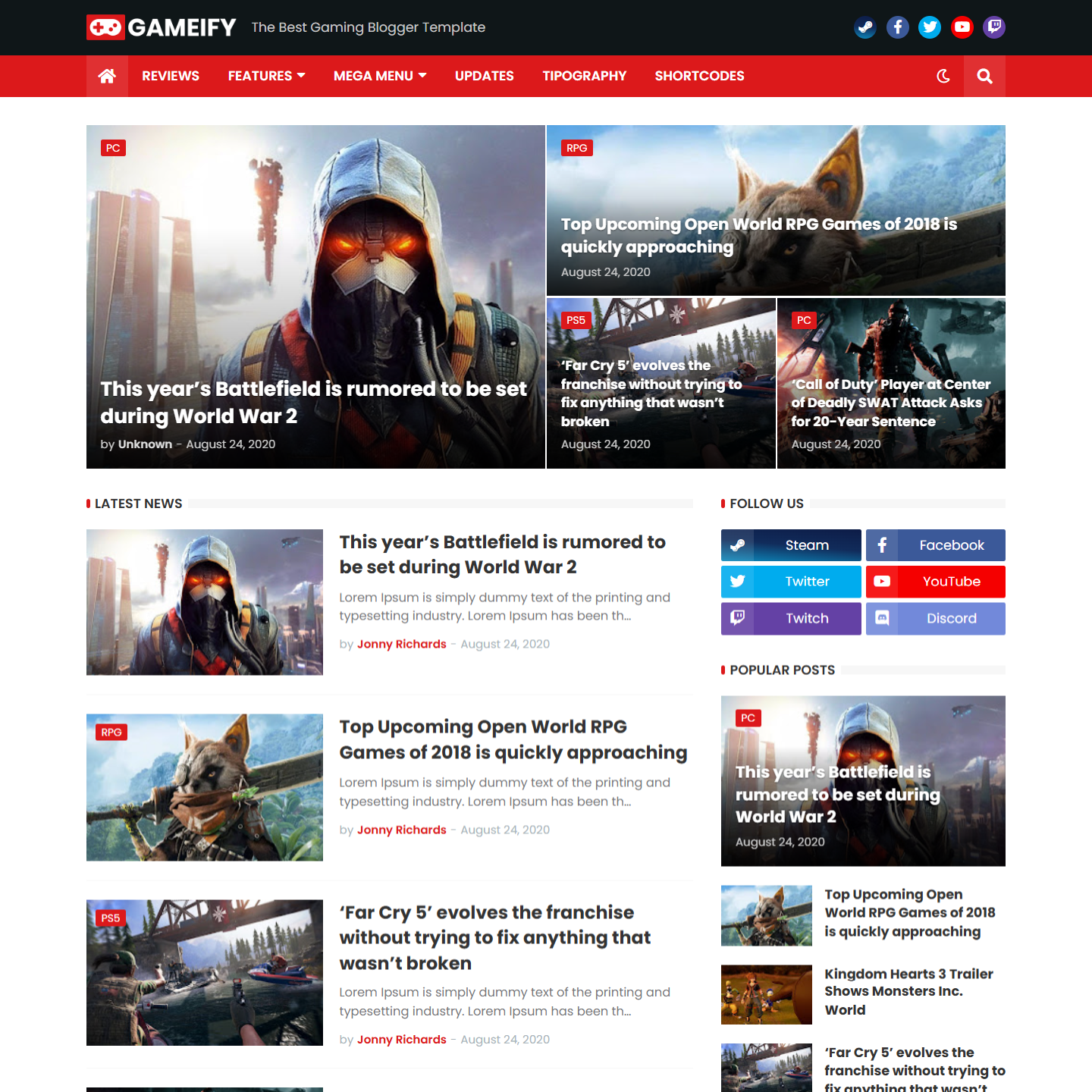 Gameify - Premium Blog & Magazine Gaming Blogger Template