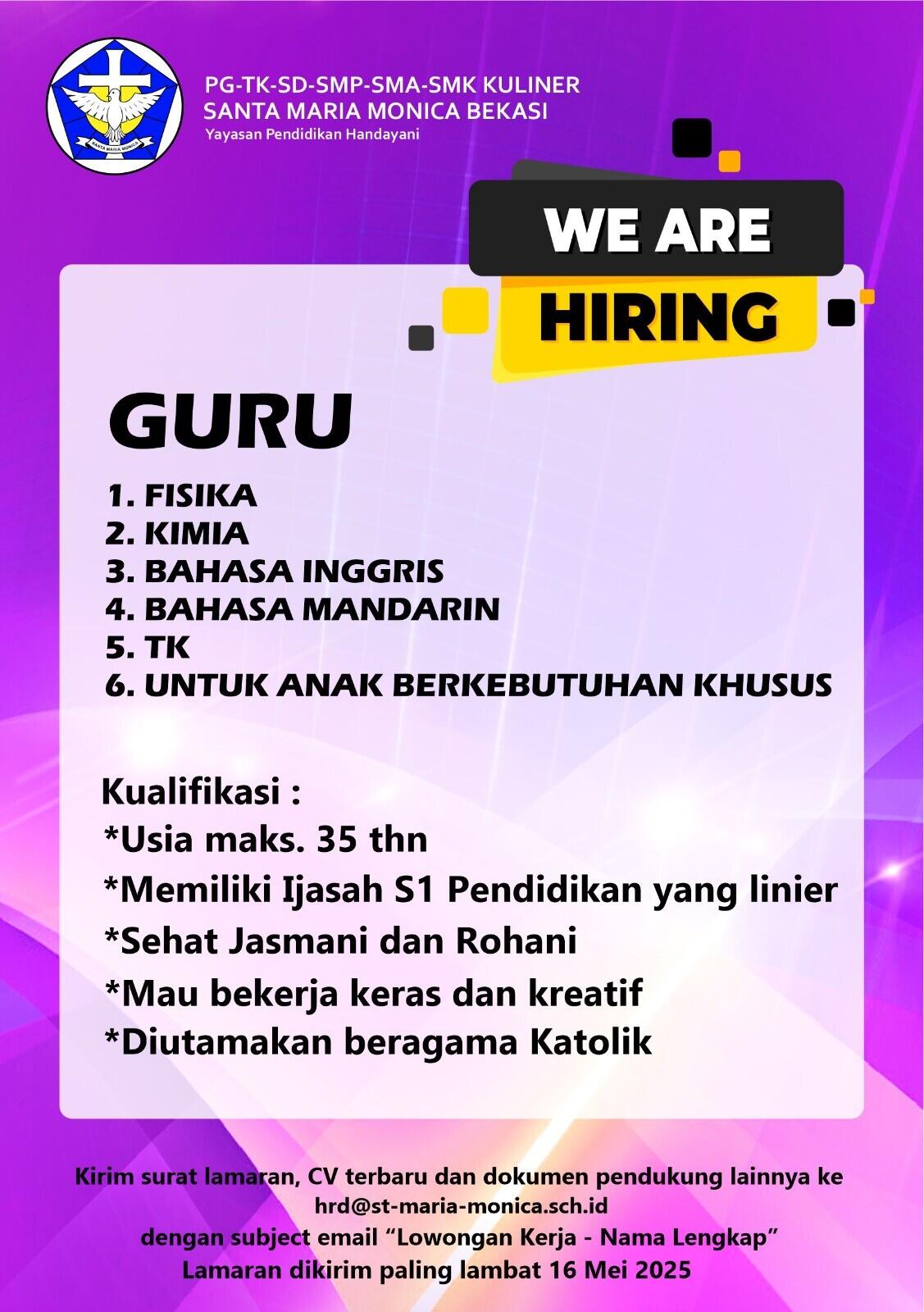Lowongan kerja GURU SMA Santa Maria Monica Bekasi Timur