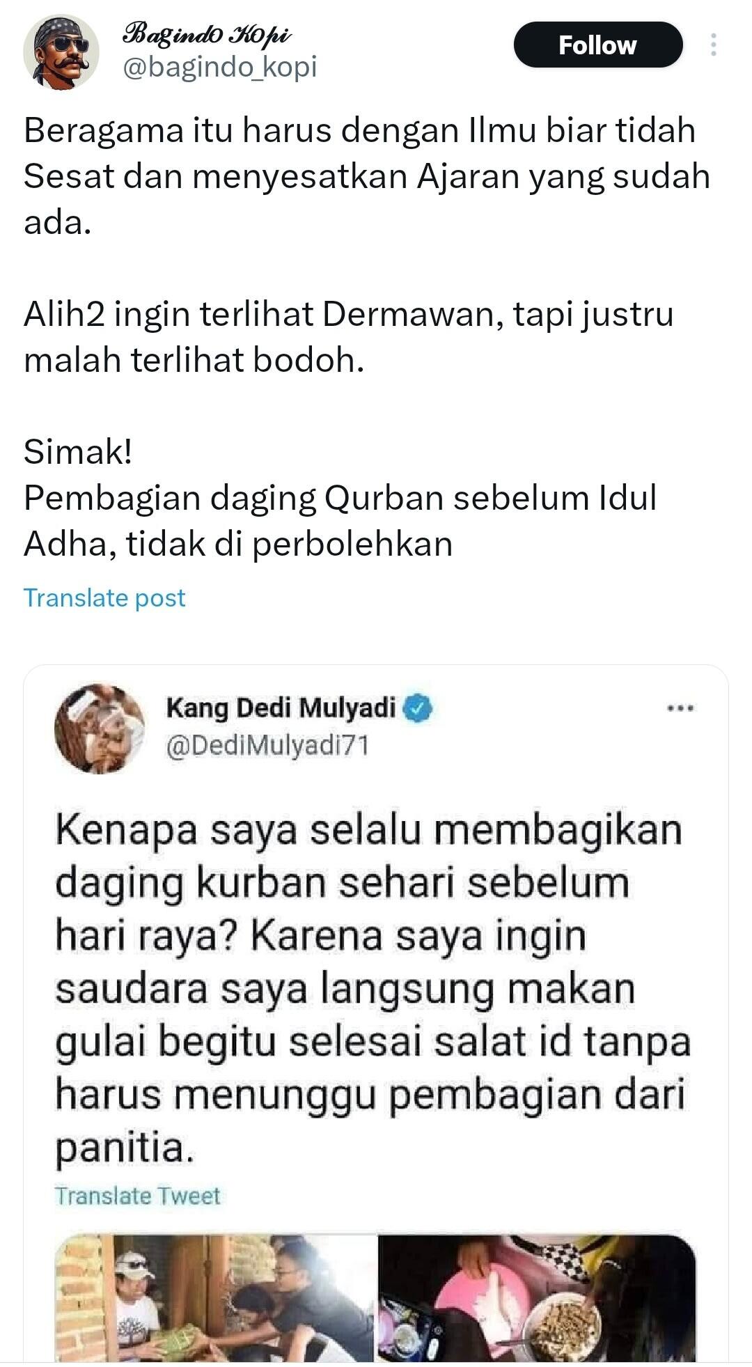 Cuitan Dedi Mulyadi Bagikan Daging Kurban Sebelum Hari Raya: Pahala Bisa Gugur