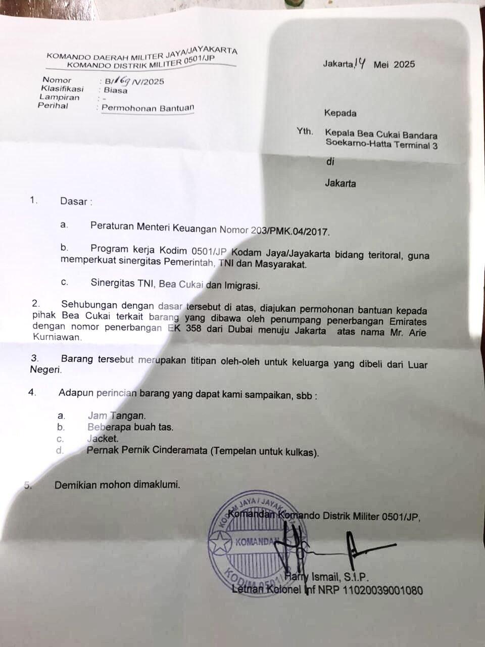 Heboh Surat Dandim TNI Minta Barang Kiriman Lolos Bea Cukai, Ini Penjelasan Kapendam