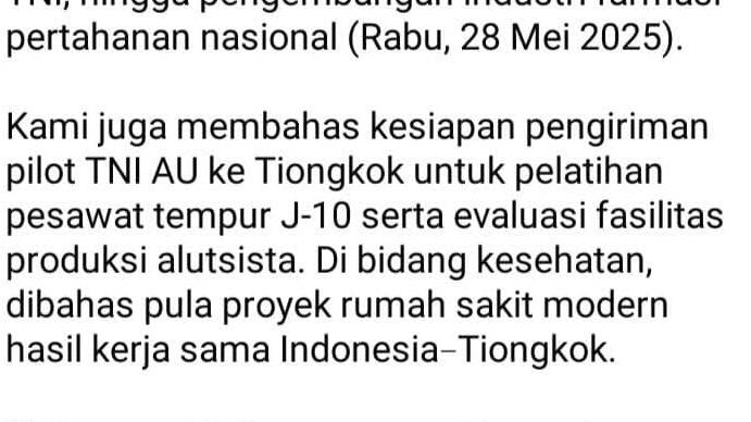 Diskusi Khusus: Indonesia Bersiap Kirim Pilot TNI AU untuk Pelatihan Jet Tempur J-10