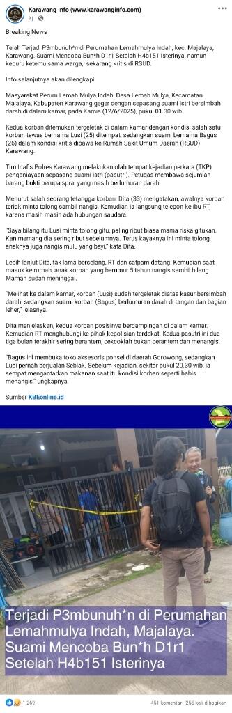 Sadis! Istri Dibantai Suami Sampai Tewas di Karawang