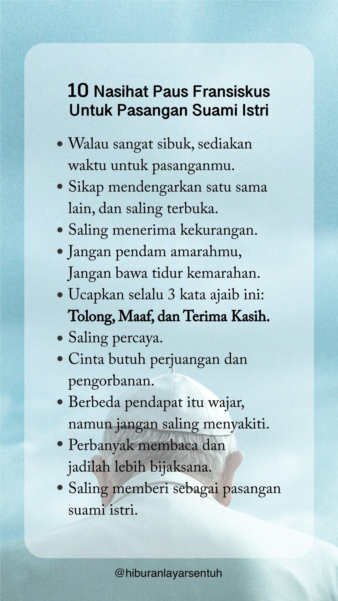 10 Nasihat Bijak Paus Fransiskus Untuk Pasangan Suami Istri