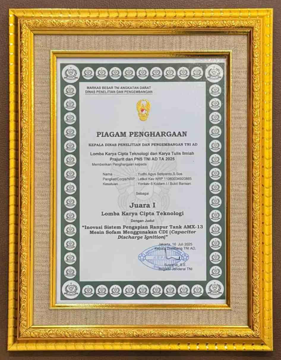 Letkol Kav Yudhi Agus Setiyanto Raih Juara Pertama Lomba Karya Cipta Teknologi TNI AD