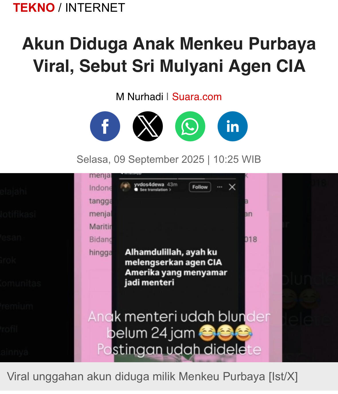 Akun Diduga Anak Menkeu Purbaya Viral, Sebut Sri Mulyani Agen CIA