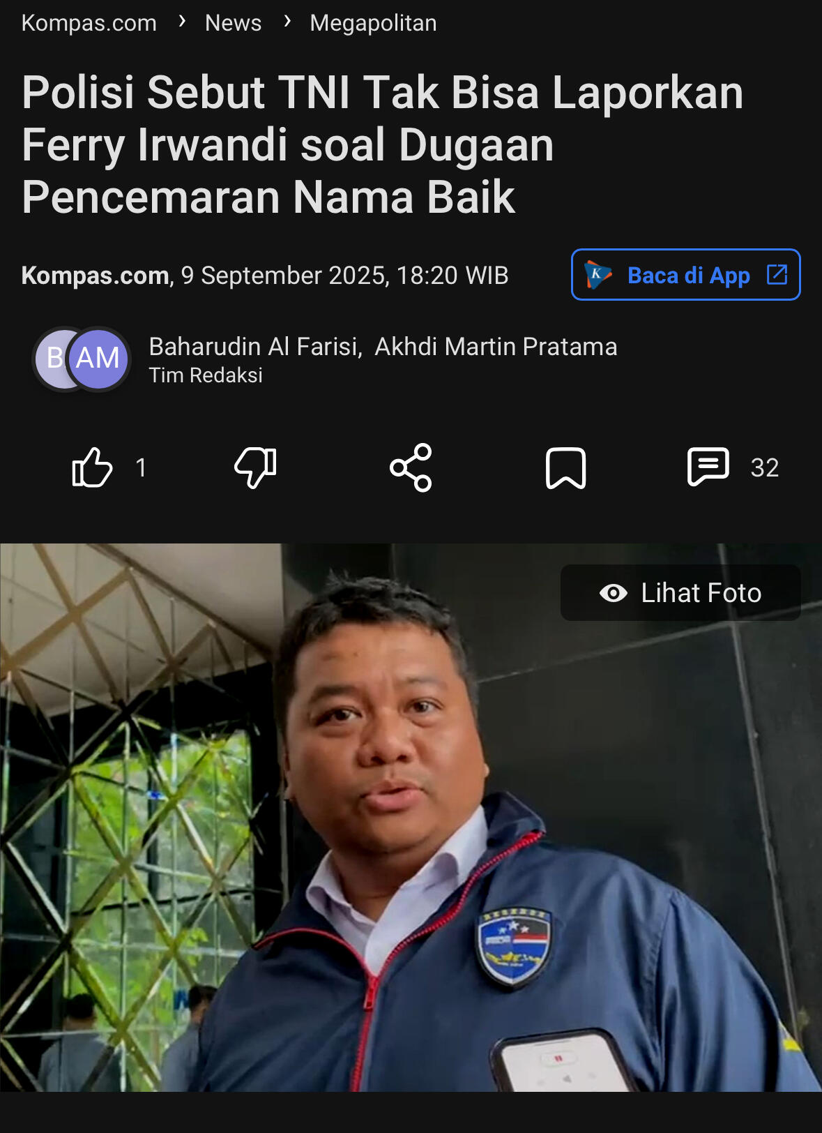 Polisi Sebut TNI Tak Bisa Laporkan Ferry Irwandi soal Dugaan Pencemaran Nama Baik