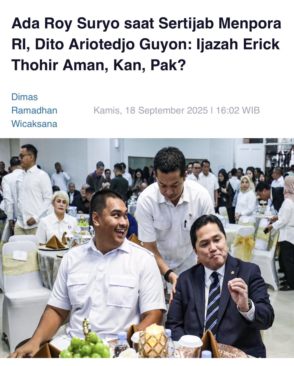 Ada Roy Suryo saat Sertijab, Dito Ariotedjo: Ijazah Erick Thohir Aman Kan, Pak?