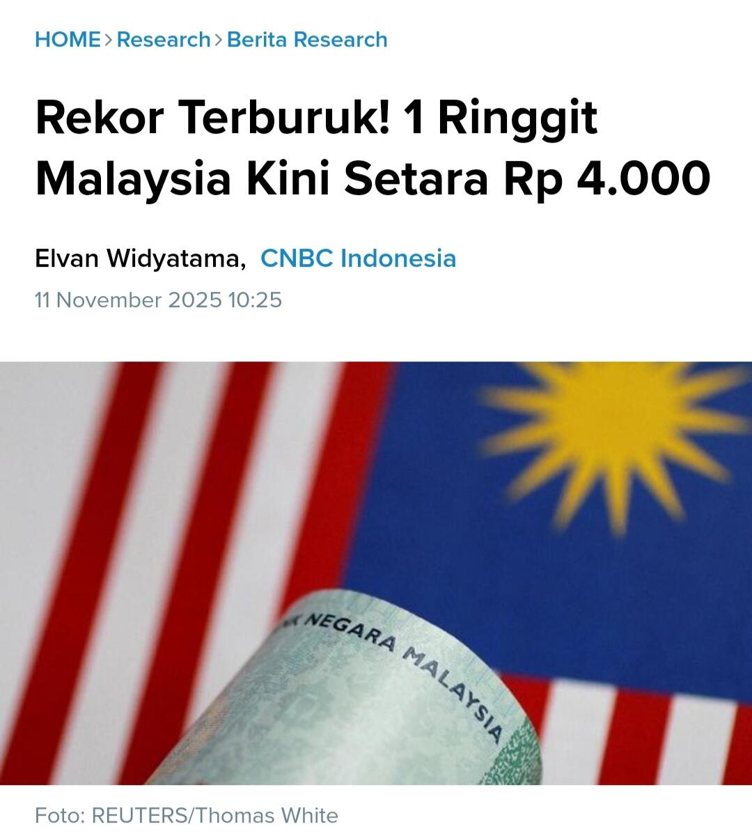 Rekor terburuk, 1 ringgit malaysia kini setara Rp4000