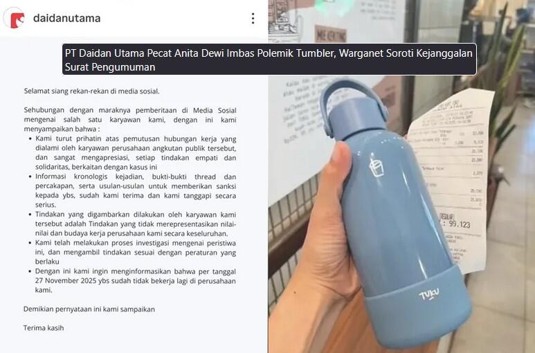 Polemik Tumbler Hilang, PT Daidan Utama Pecat Anita Dewi dan Surat PHK Dipertanyakan