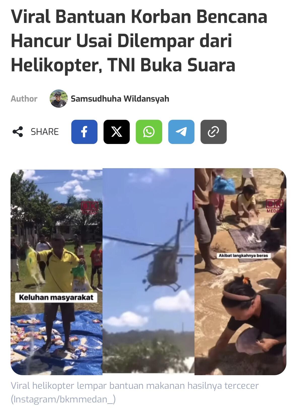 Viral Bantuan Korban Bencana Hancur Usai Dilempar dari Helikopter, TNI Buka Suara