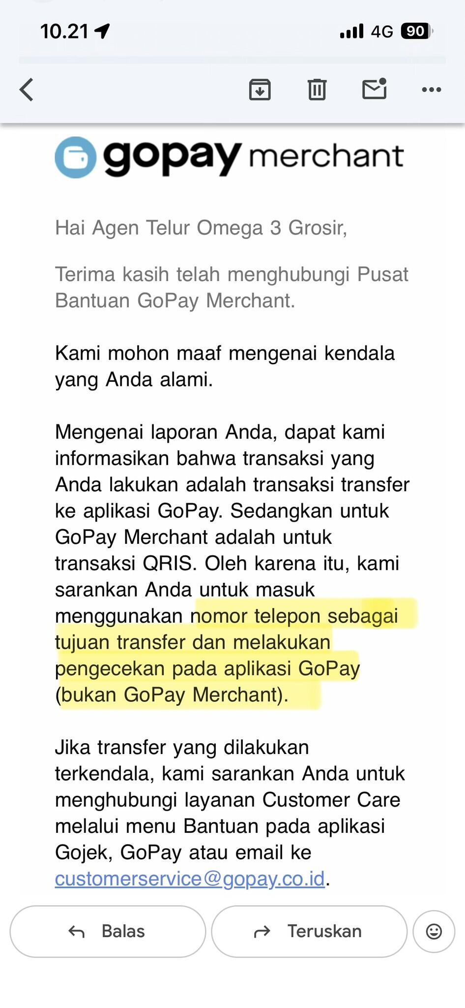 Transfer dari GoPay berhasil, tapi uang tidak diterima