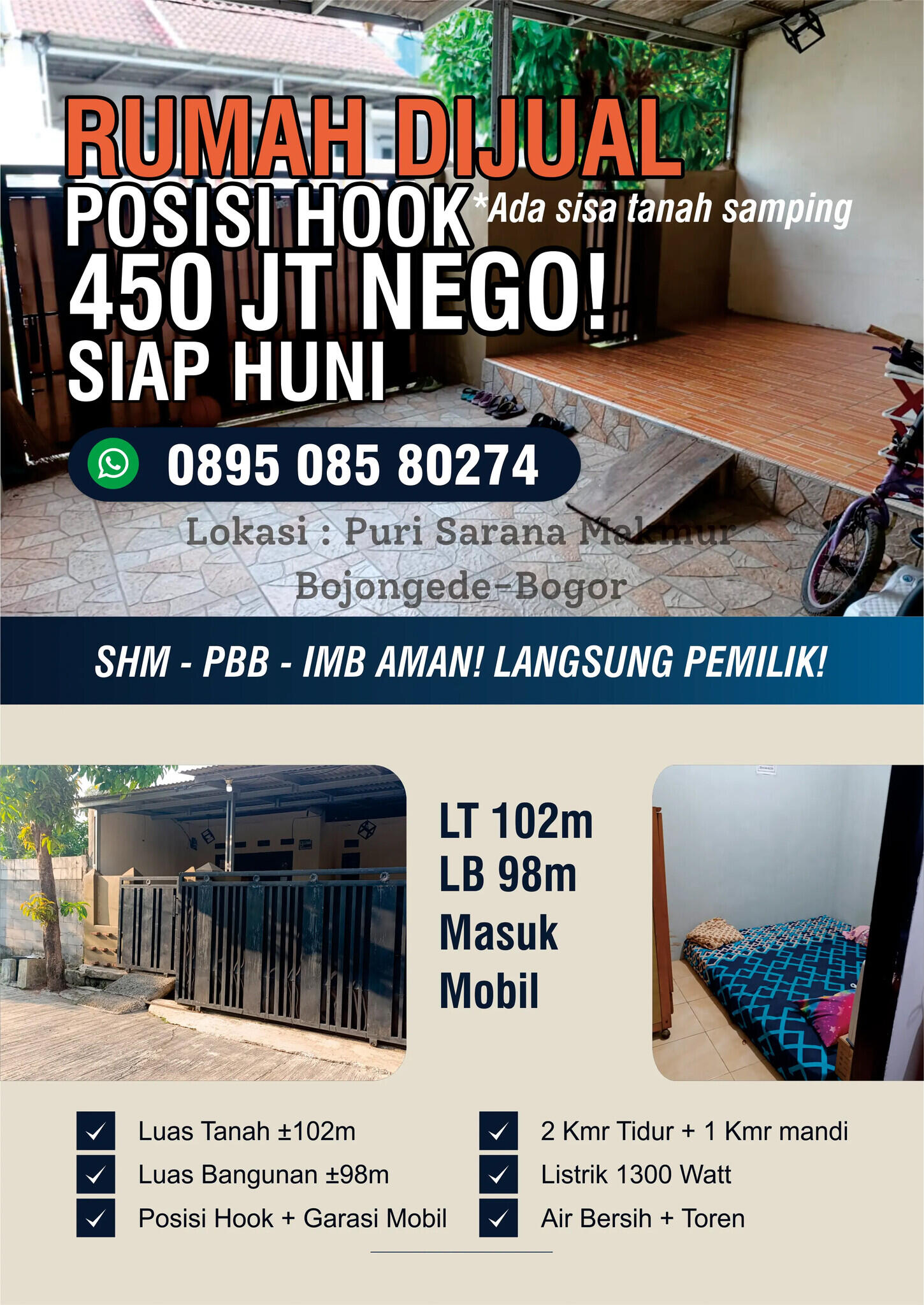 [DIJUAL] RUMAH HOOK 102m&sup2; BOJONGGEDE - 450JT NEGO!