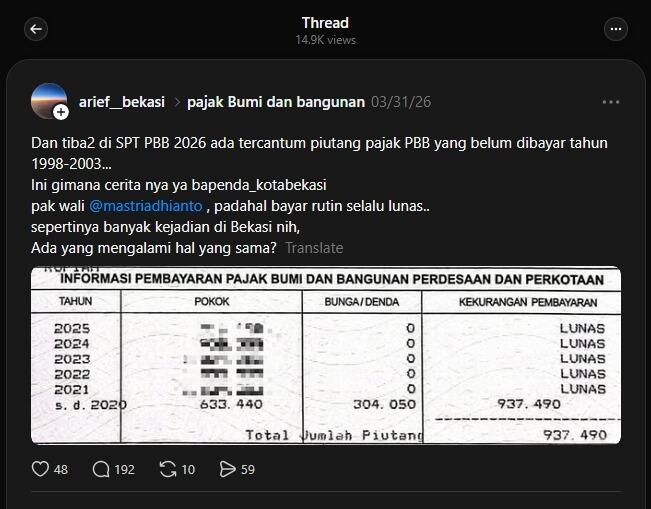 Piutang ‘Gaib’ Muncul di SPT PBB 2026, Warga Bekasi jadi ‘Sapi Perah’ Bapenda?