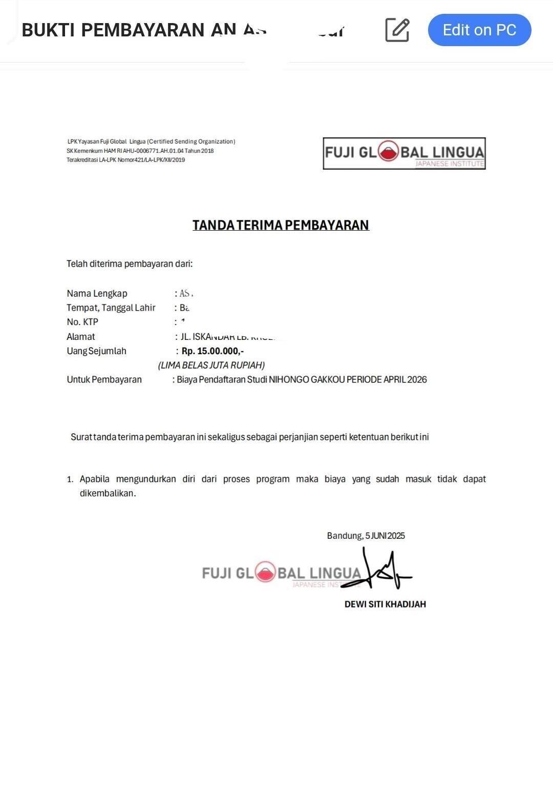 Penipuan LPK Fuji Global Lingua asal Kabupaten Subang Jawa Barat Owner Roni Maulana