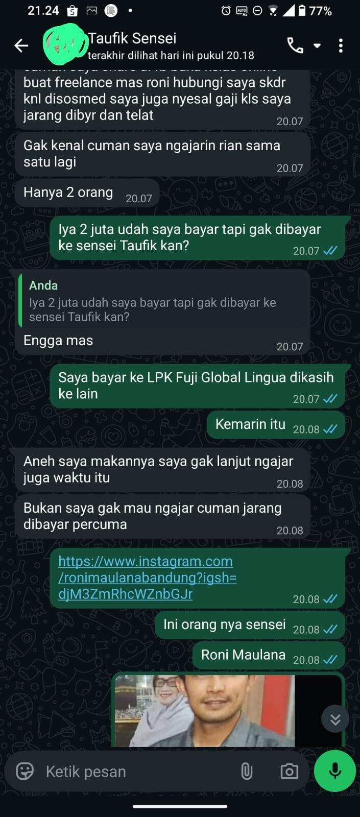 Penipuan LPK Fuji Global Lingua asal Kabupaten Subang Jawa Barat Owner Roni Maulana