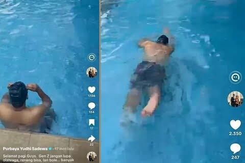 Momen Menkeu Purbaya Berenang di Tengah Viral Kabar Dirinya Sakit